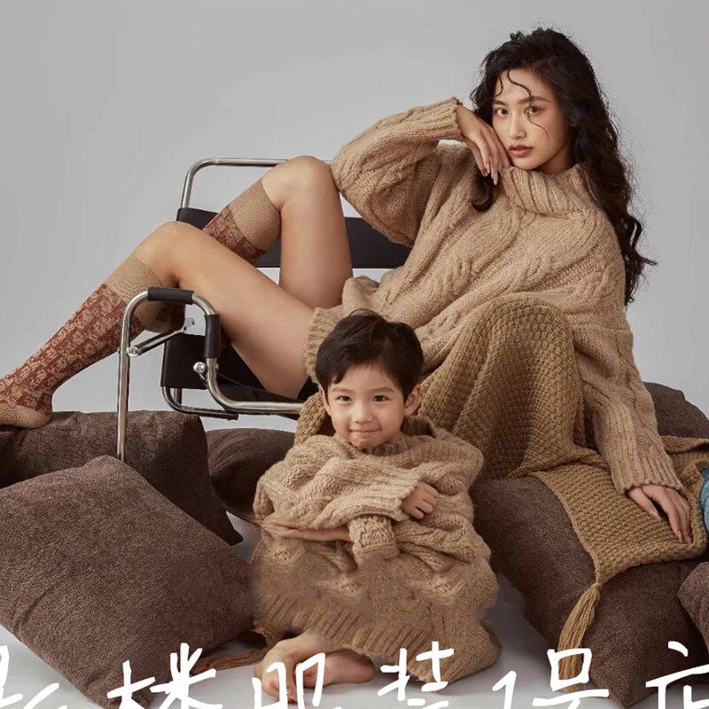 网红款拍照亲子摄影主题照相服装照相馆全家福母子母女W咖色麻花