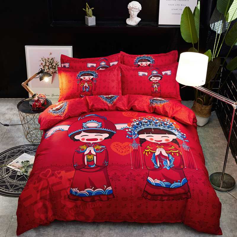 高档结婚喜庆大红色四件套床单式双人加厚斜纹P纯棉磨毛学生宿舍