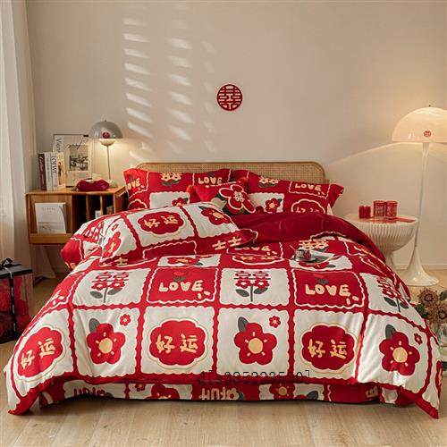 高档时尚婚礼g大红色四件套好运结婚婚房陪嫁新婚庆床上用品床单