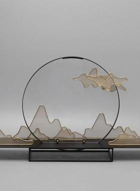 新中式创意铁艺金属假山摆设客厅电视柜玄关摆件办公室高端装饰品