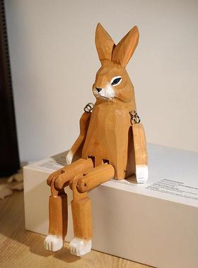 大长腿兔子木雕小摆件可爱趣味搞怪动物办公室桌面摆放装饰品