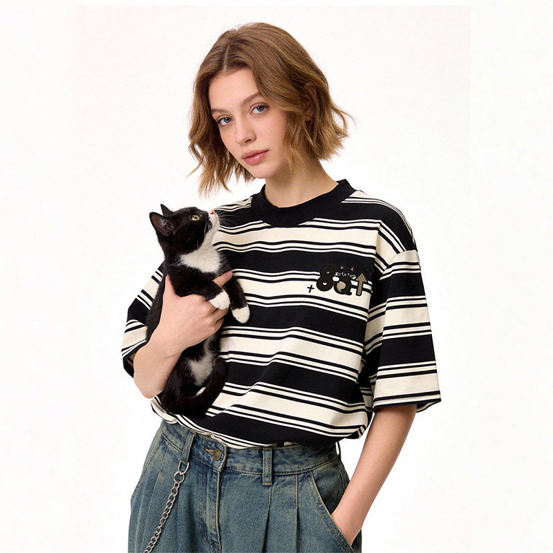 88rising黑白条纹趣味刺绣短袖T恤男女同款夏季纯棉潮牌休闲