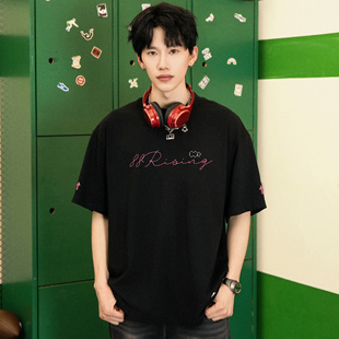 八八上升88rising简约清新花体刺绣休闲纯棉圆领短袖T恤男女同款