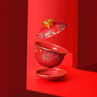 礼盒改口陪嫁红色茶具敬酒喜碗一对婚庆用品 结婚敬茶杯子碗筷套装
