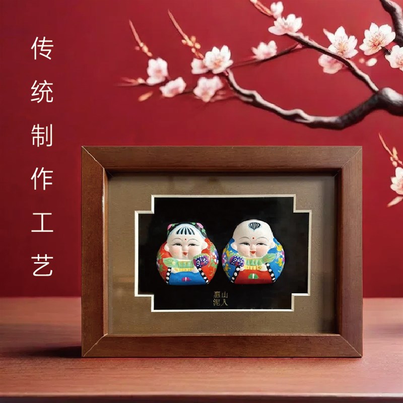 无锡惠山泥人小相框《抱狮阿福》泥塑摆件手工品家居书房装饰送礼