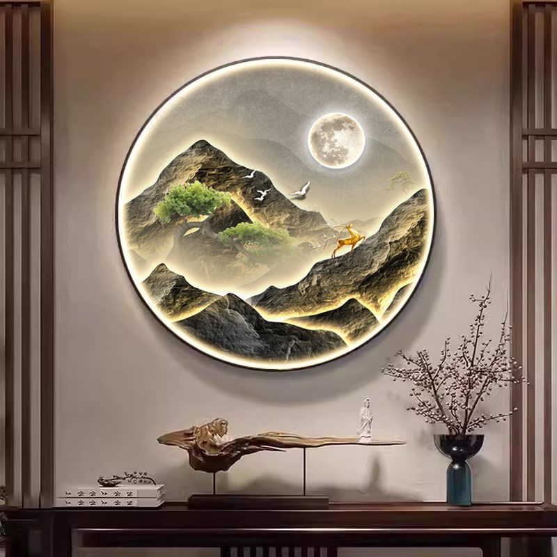 玄关装饰画高级感进门圆形带灯入户走廊过道挂画客厅寓意好山水画