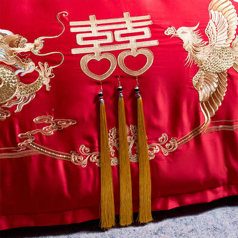 高端婚礼四件套红绣10MUH0礼数缎面婚床用品上凤婚礼龙被4张