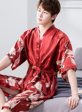男士新郎睡袍丝绸中长款浴衣