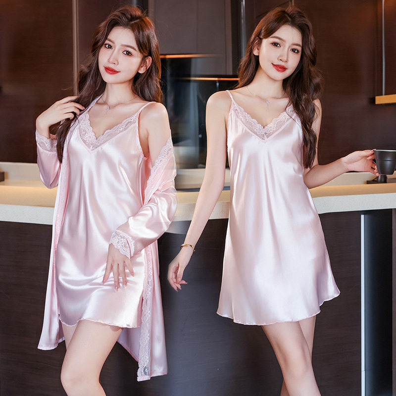 睡衣女夏薄款性感冰丝绸2026年新款九分袖睡袍私房吊带睡裙两件套
