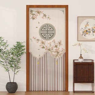 新中式 饰布艺隔断 免打孔纱帘四季 通用遮挡隐私防蚊门帘双层蕾丝装