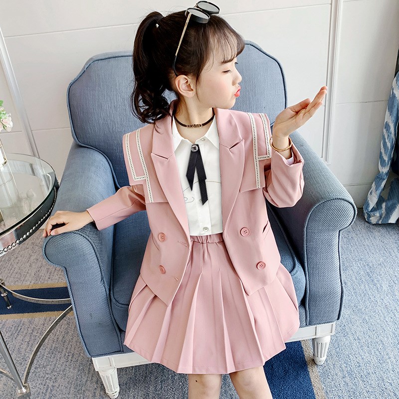 (定制)女童春秋套装2024西服学生G小女孩海军领百褶裙西装两件
