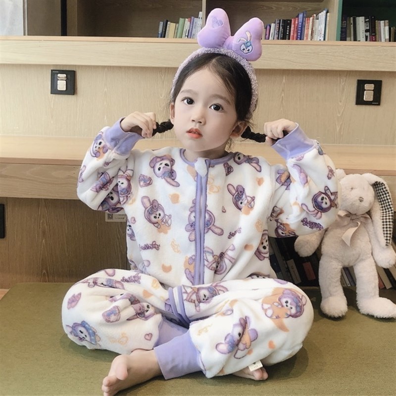 儿童法兰绒睡袋秋冬款宝宝分腿防踢被神器女童连身加厚珊瑚绒睡衣