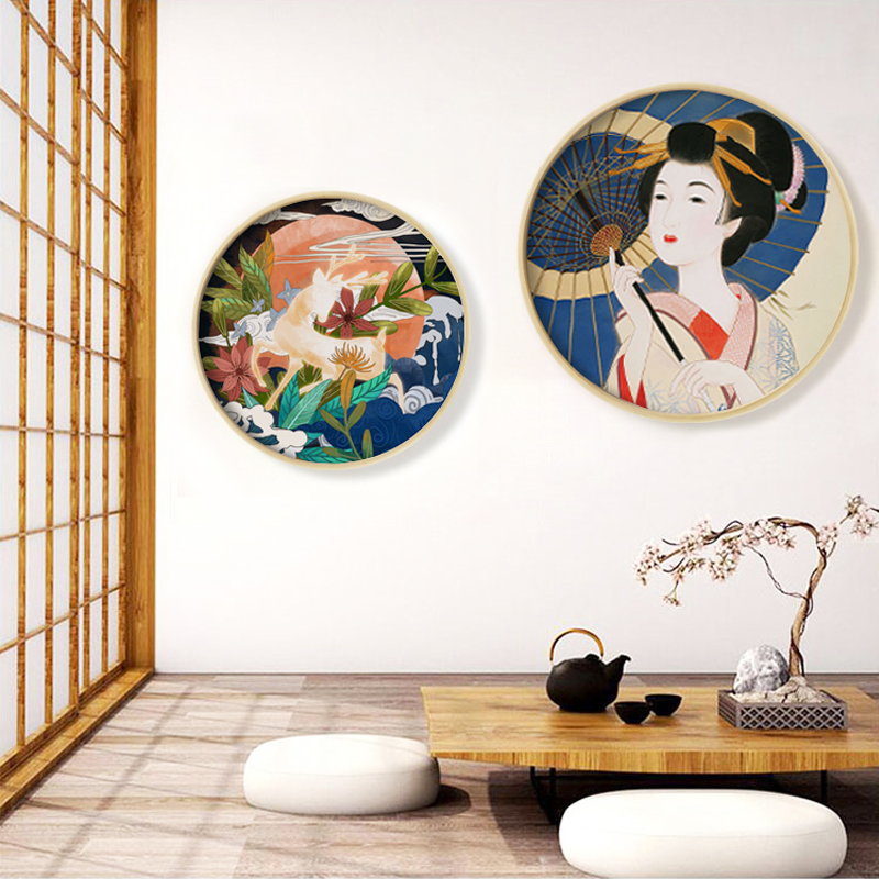 日式餐厅装饰圆形和风浮世绘挂画料理店背景墙面烤肉店剧本杀壁画图片