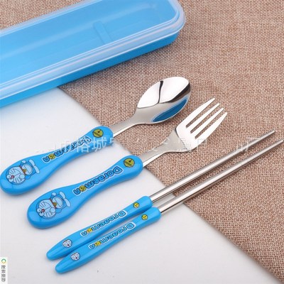 儿童小学生304不锈钢餐具勺子叉子筷子三件套便携带收纳卡通包邮
