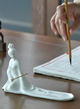 创意中式古代仕女陶瓷人物线香插香座熏香炉家居茶道香道摆件禅意