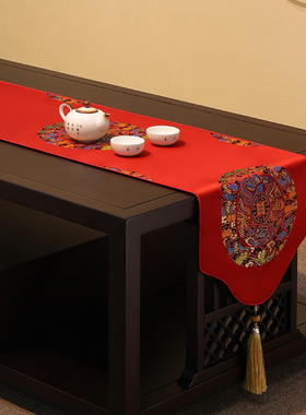 新中式桌旗中国风禅意茶席茶台布艺长条茶几桌布茶桌垫布红色床旗