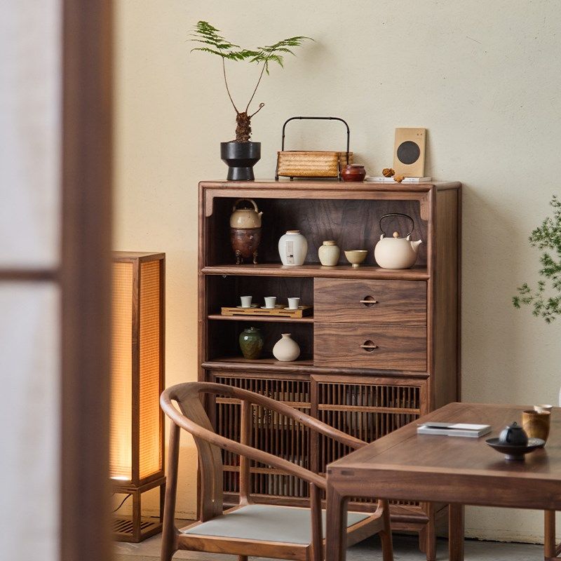 璞木新中式黑胡桃木矮柜茶柜实木边柜小书柜博古架阳台茶室储物柜