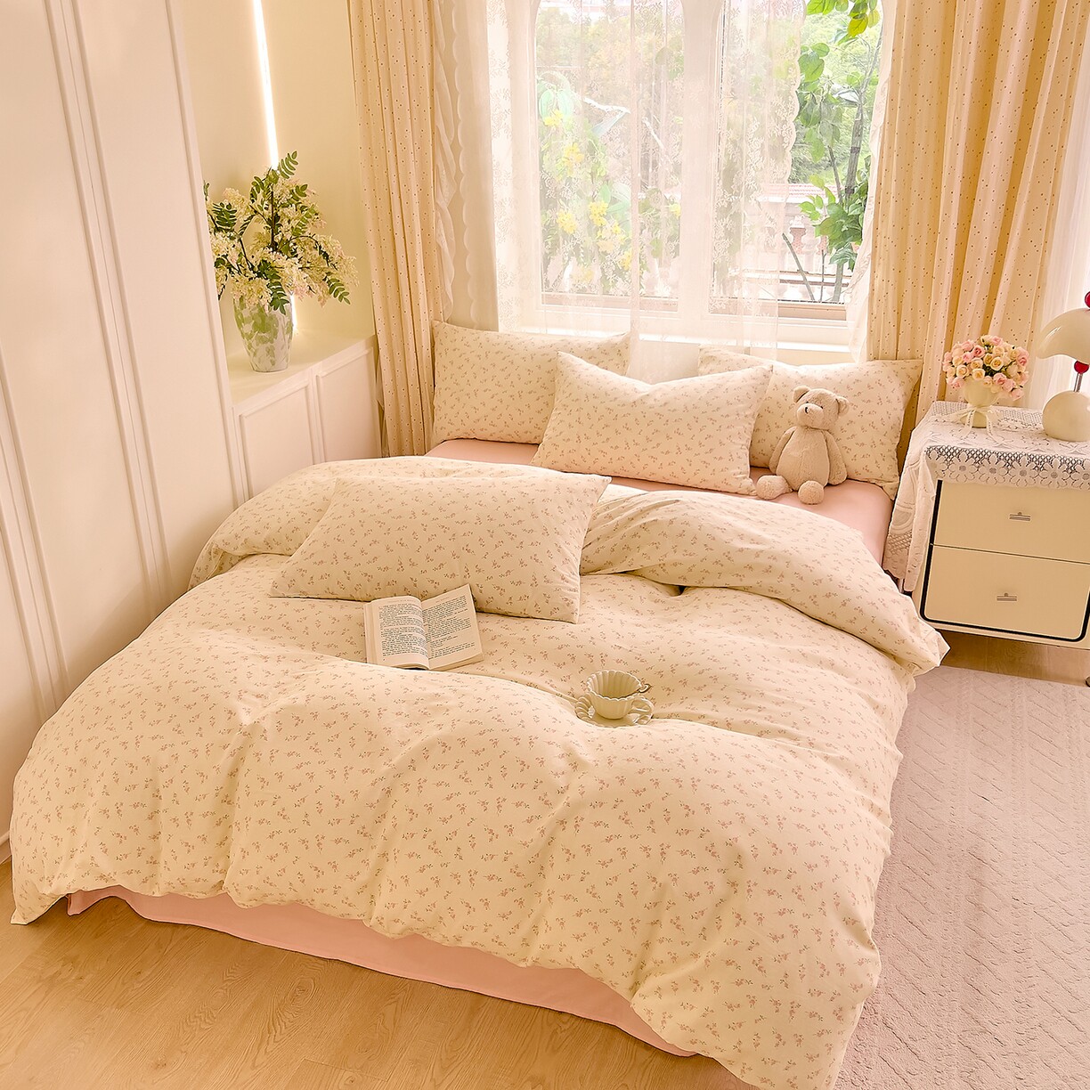 全棉纯棉柔软双层纱四件套床单小清新卧室床品套件花卉被套小碎花