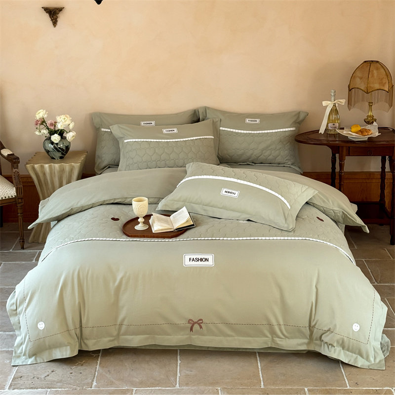 全棉绗缝加厚磨毛四件套纯棉套件简约刺绣高端亲肤裸睡床品100%