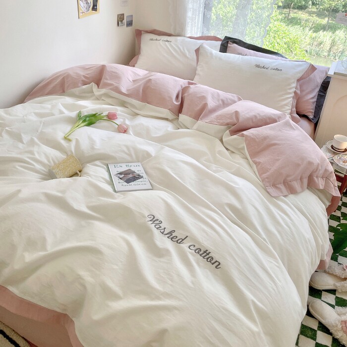 全棉水洗棉宽边绣字四件套ins风纯棉贝壳绣床单柔软亲肤床品套件