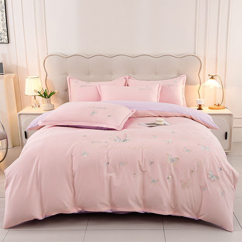 A类长绒棉刺绣四件套全棉套件被套床单床上用品蝴蝶少女被罩双人