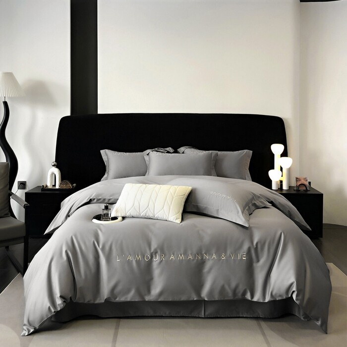 高支纯棉全棉斜纹四件套刺绣绣花款轻奢简爱简约字母刺绣被套床单