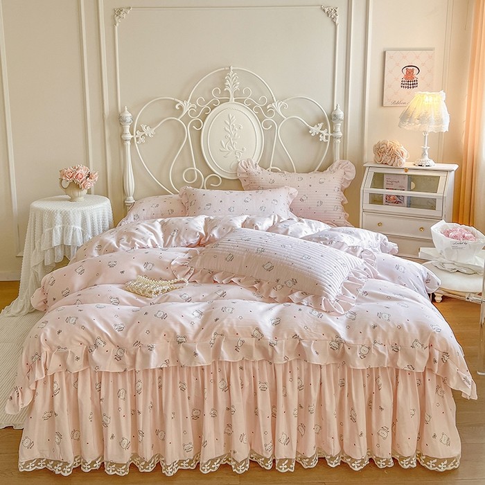 针织棉印花床裙四件套公主风被套防滑床罩床上用品小清新ins风