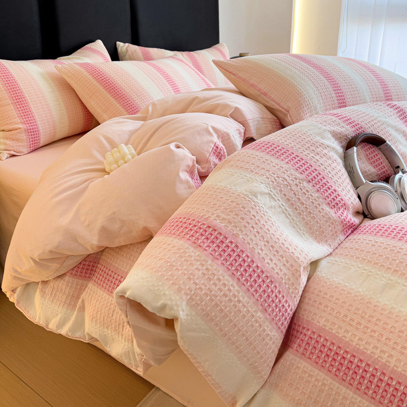 A类纯棉四件套渐变华夫格全棉提花简约水洗棉条纹床单被套床品