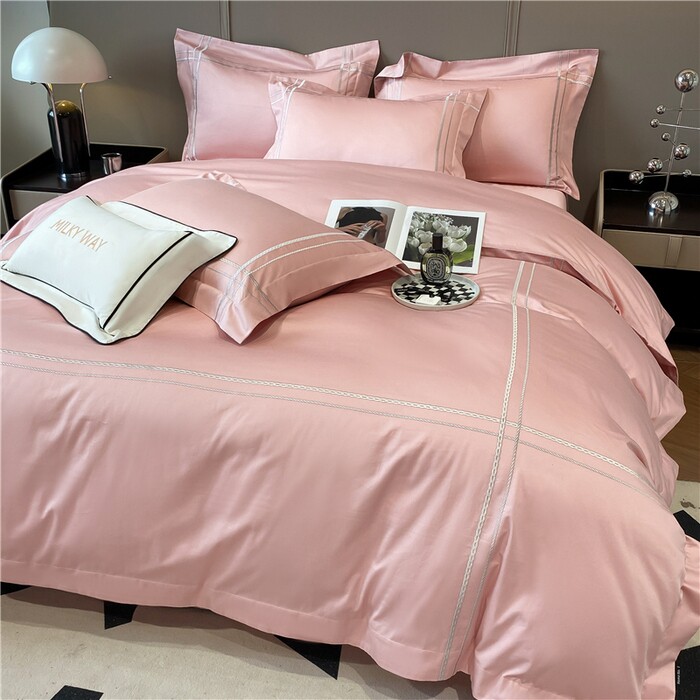 100支长绒棉四件套纯棉全棉纯色匹简约刺绣床品套件高档床上用品