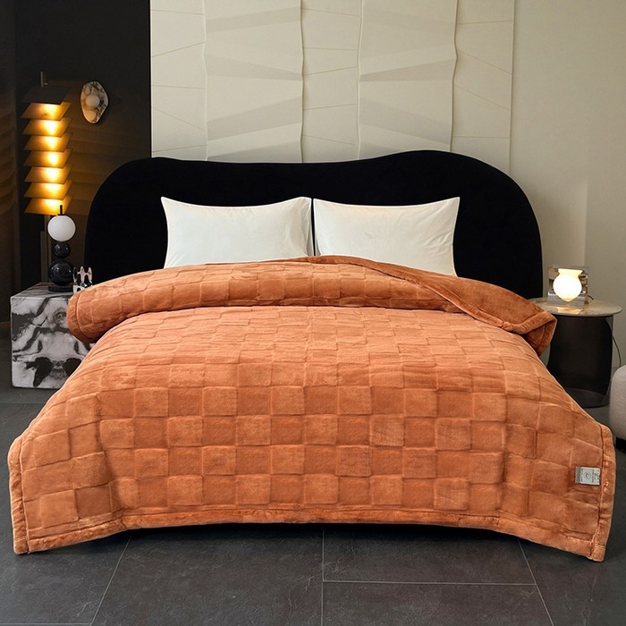 方格精品婚庆云毯毛毯加厚塔芙绒毛毯提花绒午睡盖毯橙色格纹毯子