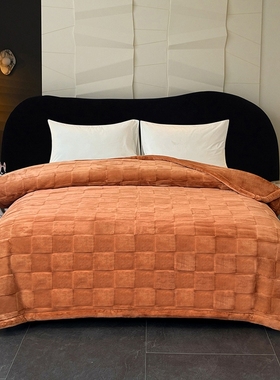 方格精品婚庆云毯毛毯加厚塔芙绒毛毯提花绒午睡盖毯橙色格纹毯子