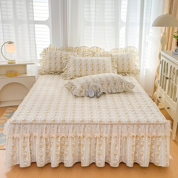 夹棉床裙三件套蕾丝花边荷叶边装饰床罩高级家居床单套件柔软加厚,床上用品,床裙,淘宝优惠券,粉丝福利购,淘宝优惠卷