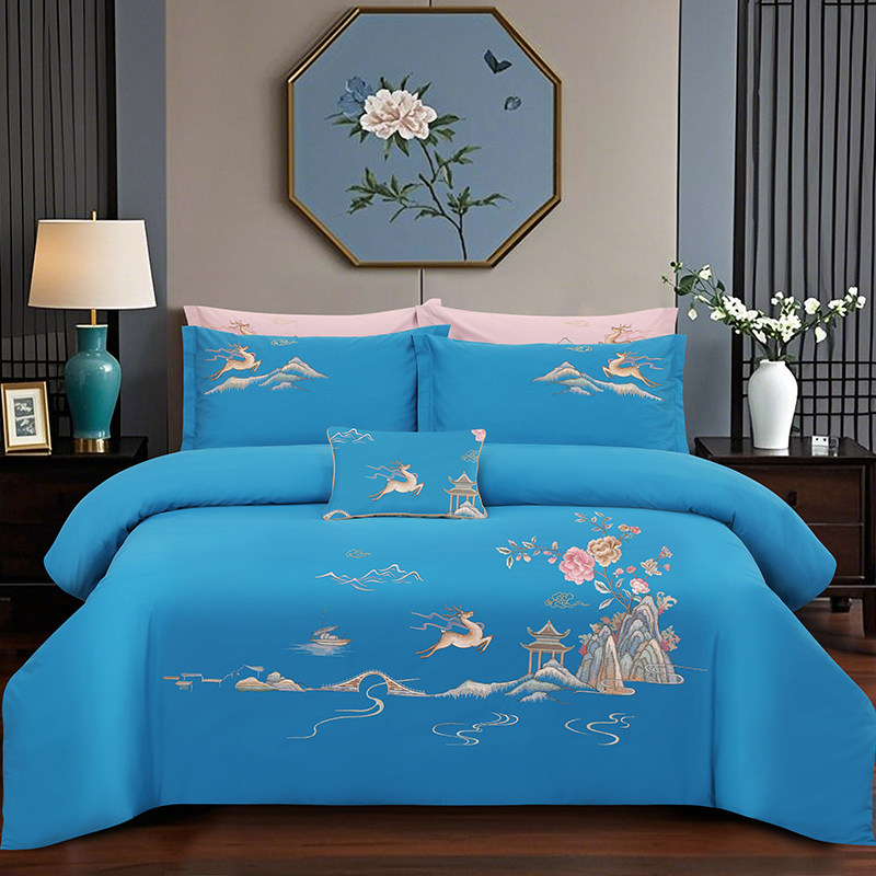 100支全棉高端刺绣四件套中式山水艺术绣花床上用品高贵床品套件