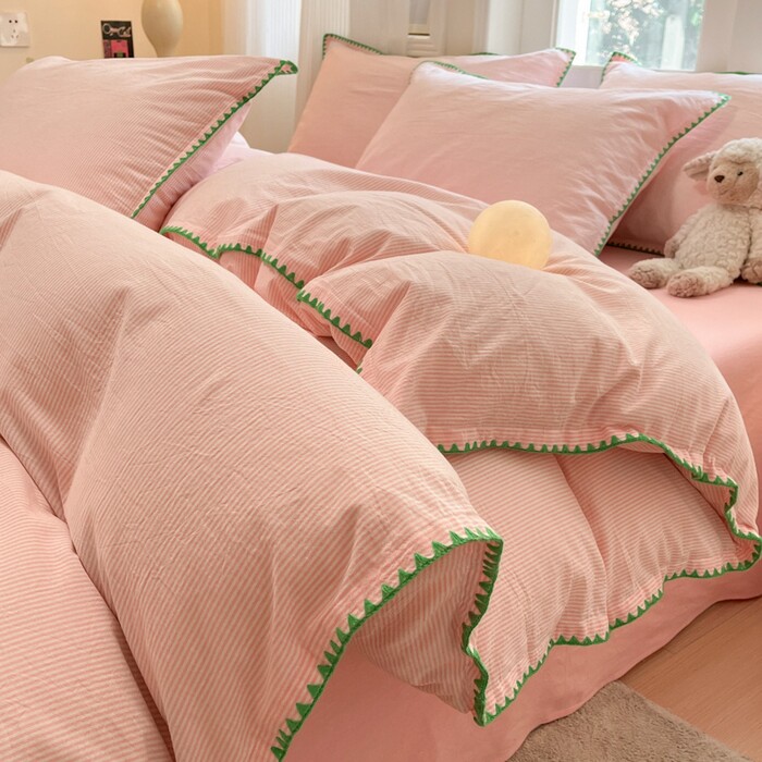 全棉纯棉水洗棉贝壳边三角针四件套条纹棉质花边床品套件家居卧室
