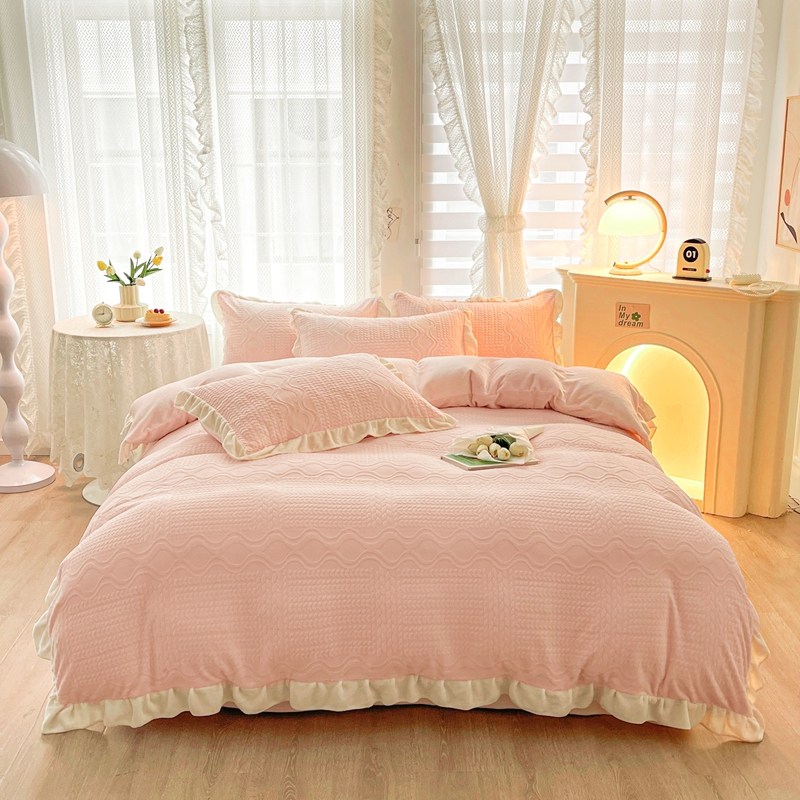 牛奶绒四件套加厚粉色花边拼接波浪纹床品套件2025新款冬季被套,床上用品,床品套件/四件套/多件套,淘宝优惠券,粉丝福利购,淘宝优惠卷