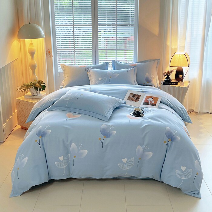 全棉磨毛四件套小清新蓝色花朵纯棉亲肤床品套件新款床上用品简约