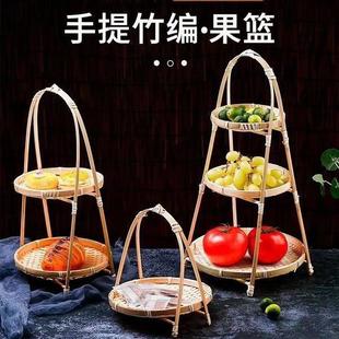 手工竹编提篮竹筐家用茶点盘水果篮糕点托盘创意小竹篮结婚竹编篮