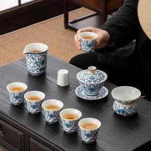 家用泡茶杯陶瓷礼盒 轻奢青花整套功夫茶具珐琅彩繁花茶杯盖碗套装