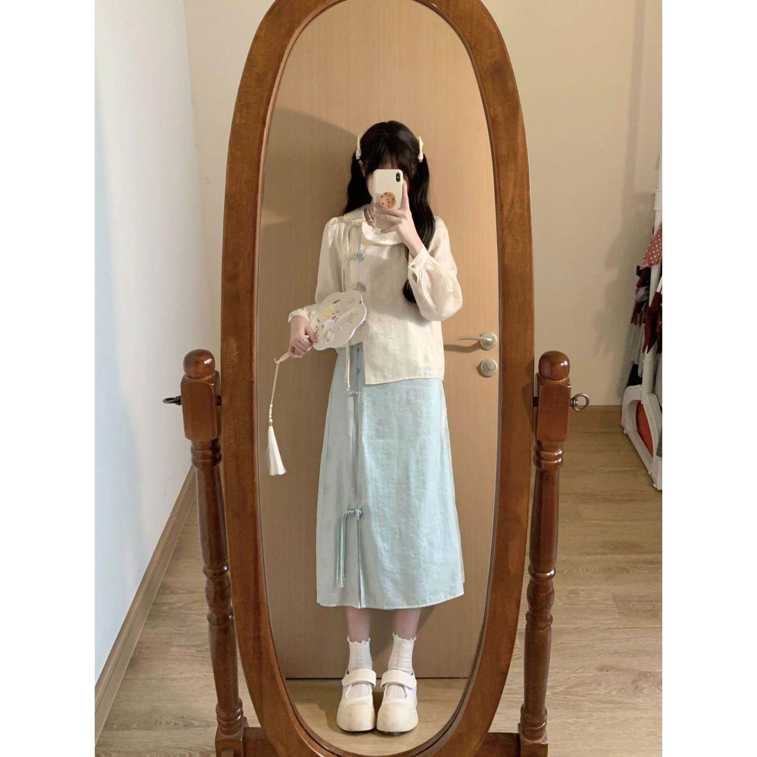 春夏新中式宽松淑女气质上衣加半身裙套装长袖