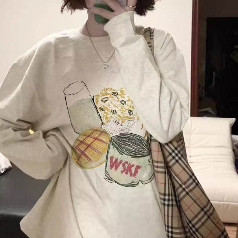 美式复古长袖t恤女早春秋季初高中学生慵懒风韩系打底衫上衣