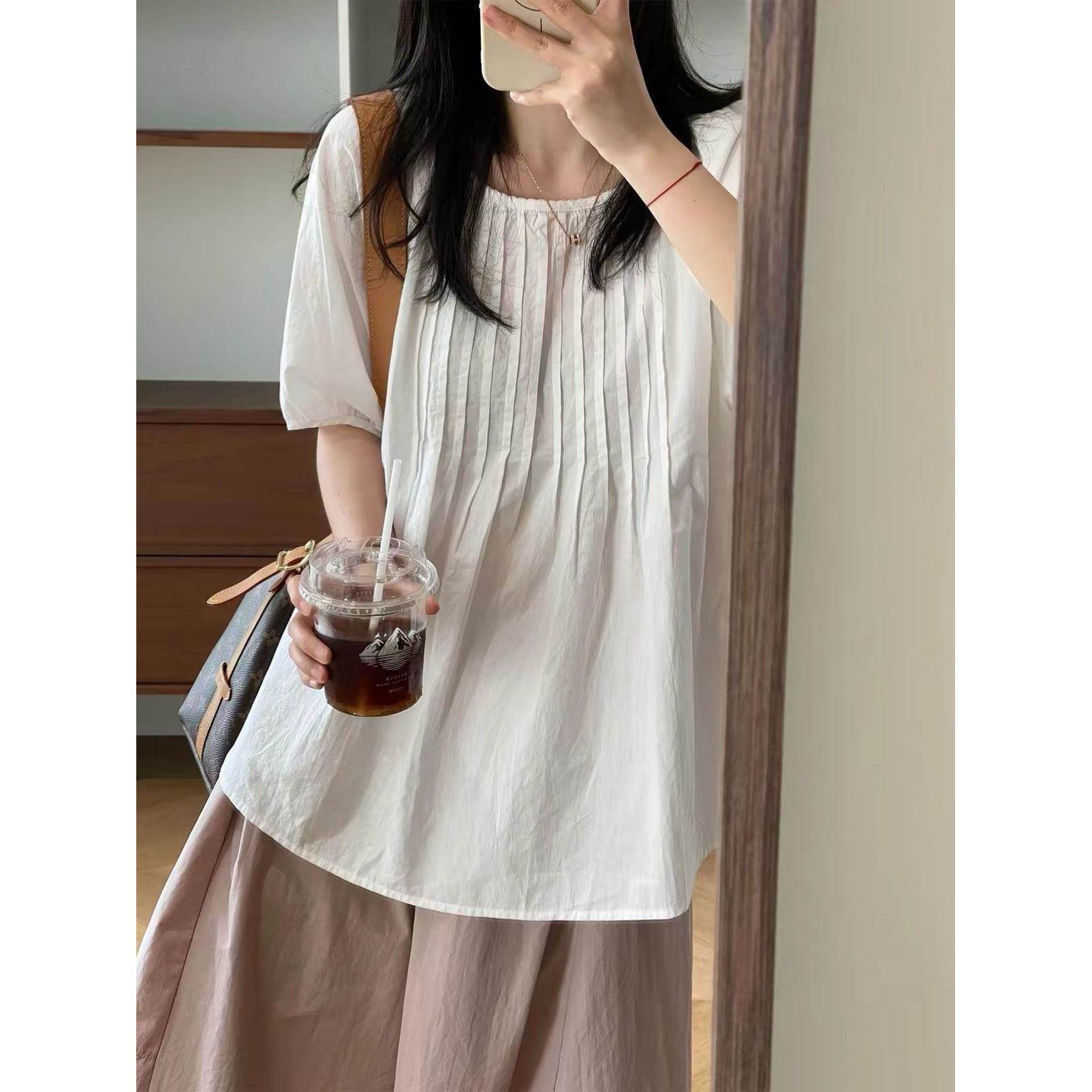 韩系白色轻奢褶皱短袖衬衫女夏季高级感超好看宽松显瘦娃娃衫套装