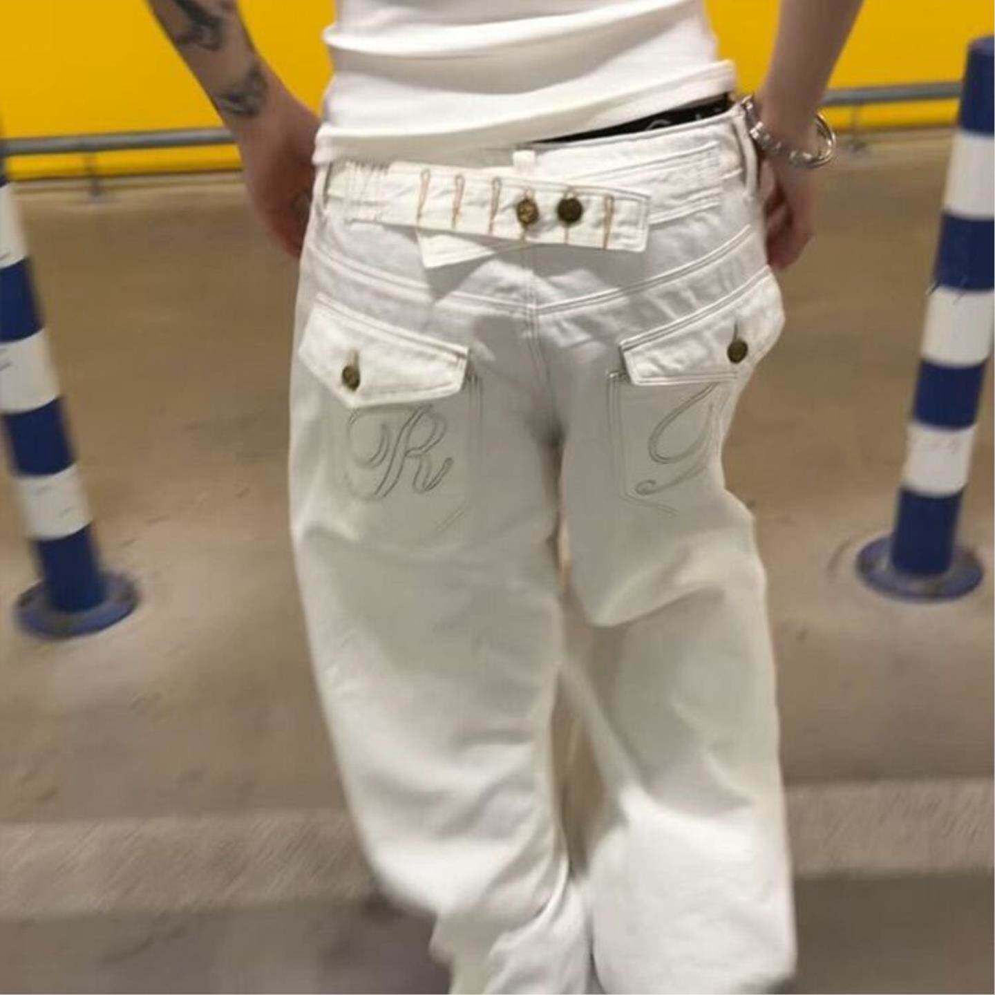 美式复古巴黎扣设计牛仔裤子女夏季新款辣妹个性百搭竹节纹拖地裤