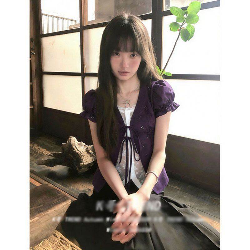 韩系假两件拼接蕾丝短袖衬衫女夏季紫色泡泡袖衬衣收腰设计感上衣