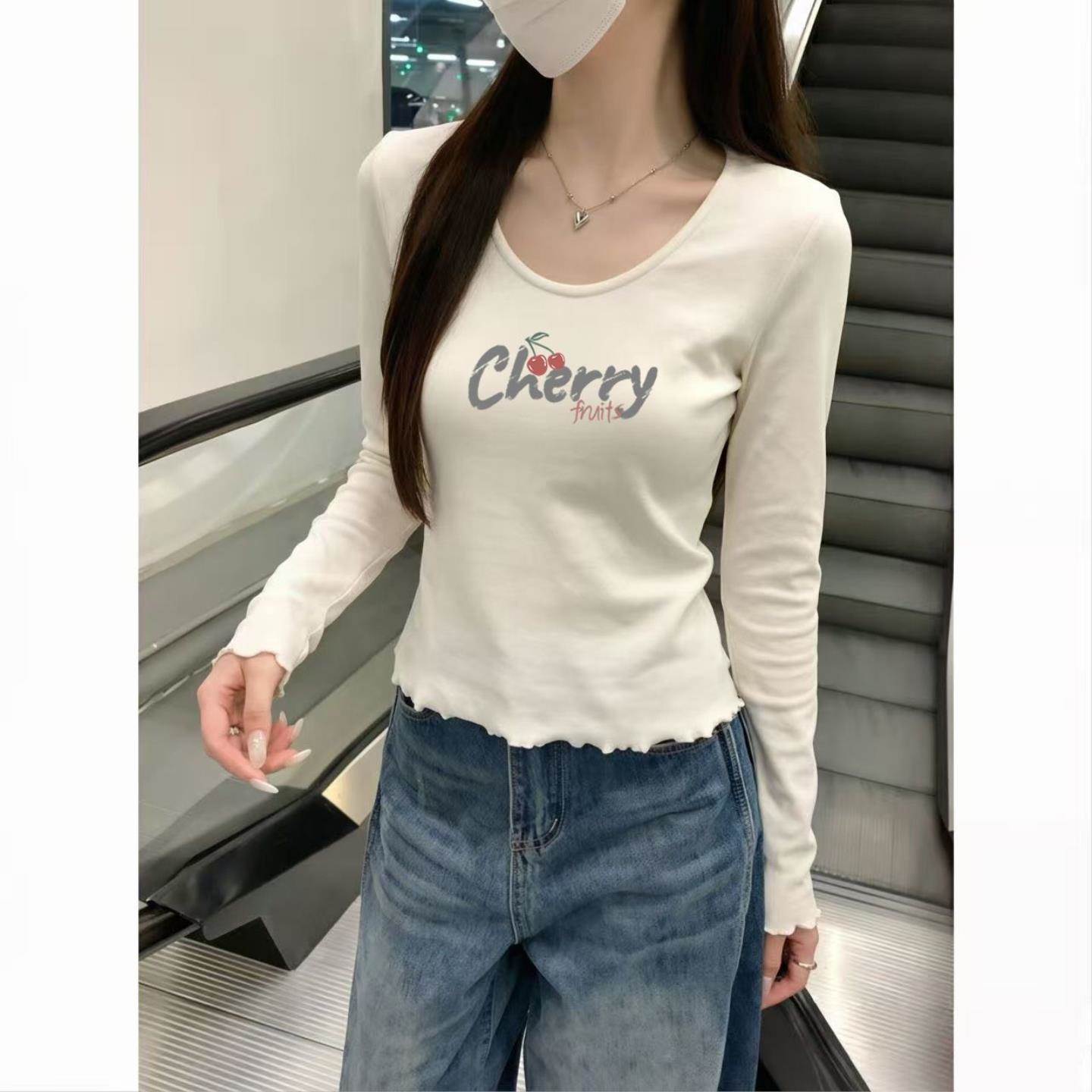 白色打底衫女内搭2026秋冬设计感长袖T恤修身洋气木耳边下摆上衣