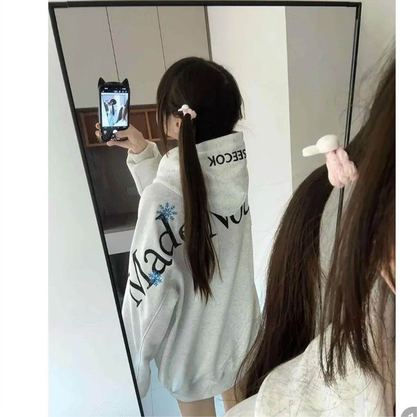 白灰色美式硬挺重磅卫衣女春季潮牌高级感刺绣外套情侣内搭连帽衫