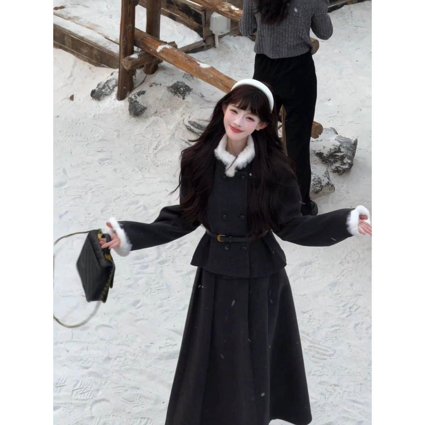 大小姐氛围感毛领双排扣小香风外套女春季高腰包臀半身裙套装