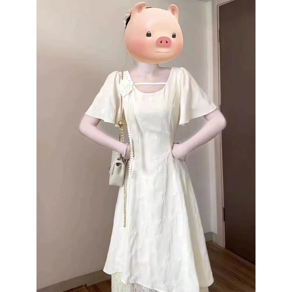 大码胖MM短袖连衣裙女装夏季新款法式立体花朵收腰a字裙拼接长裙