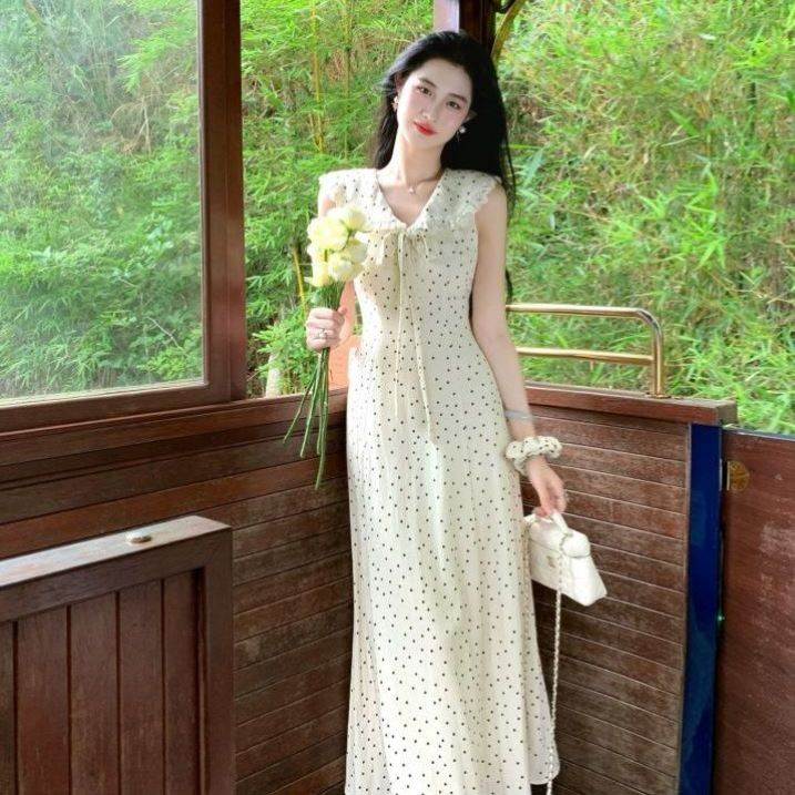法式翻领波点系带连衣裙女精致花边韩系温柔修身显瘦长款裙子