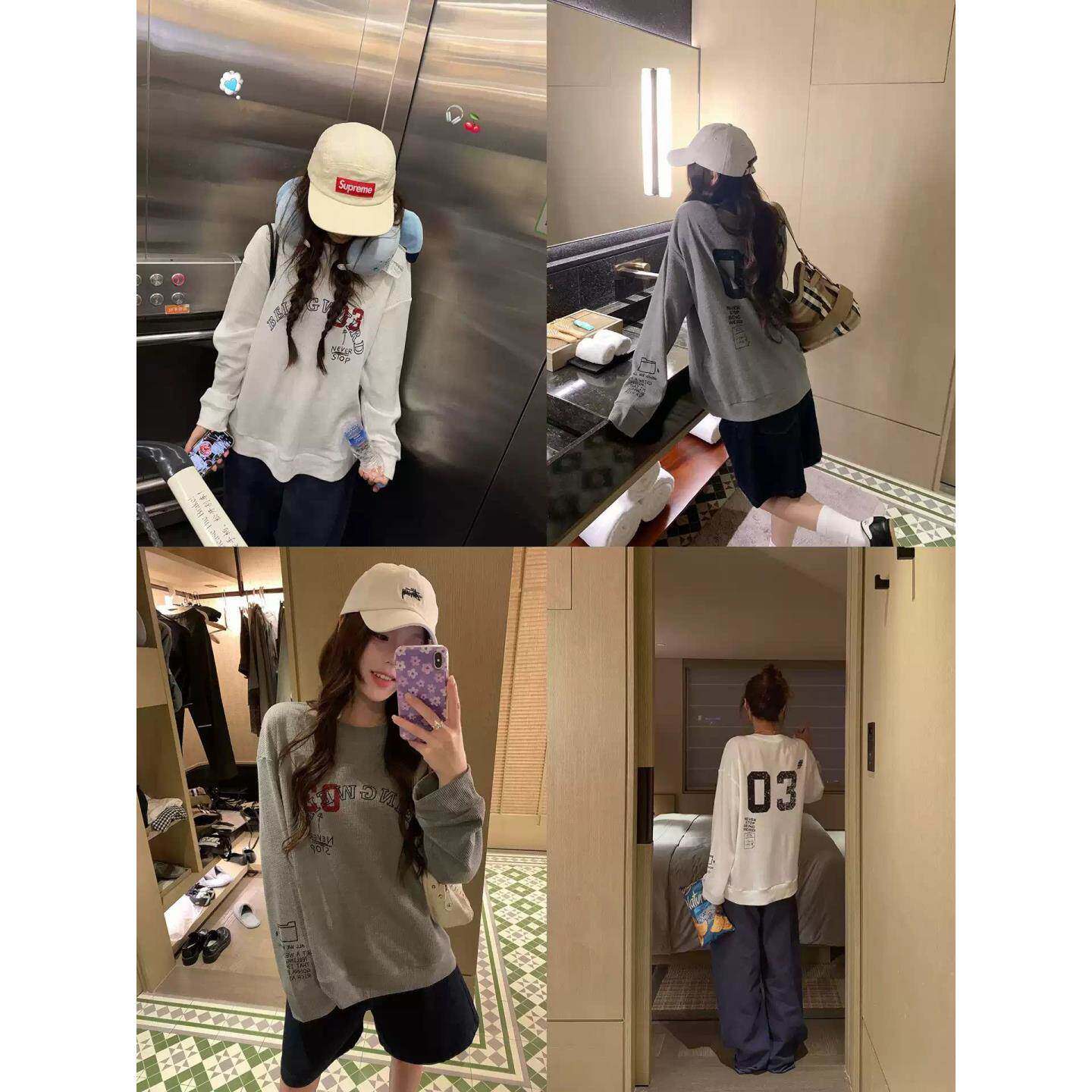 美式复古灰色卫衣女春季薄款宽松设计感小众高街学院风华夫格上衣