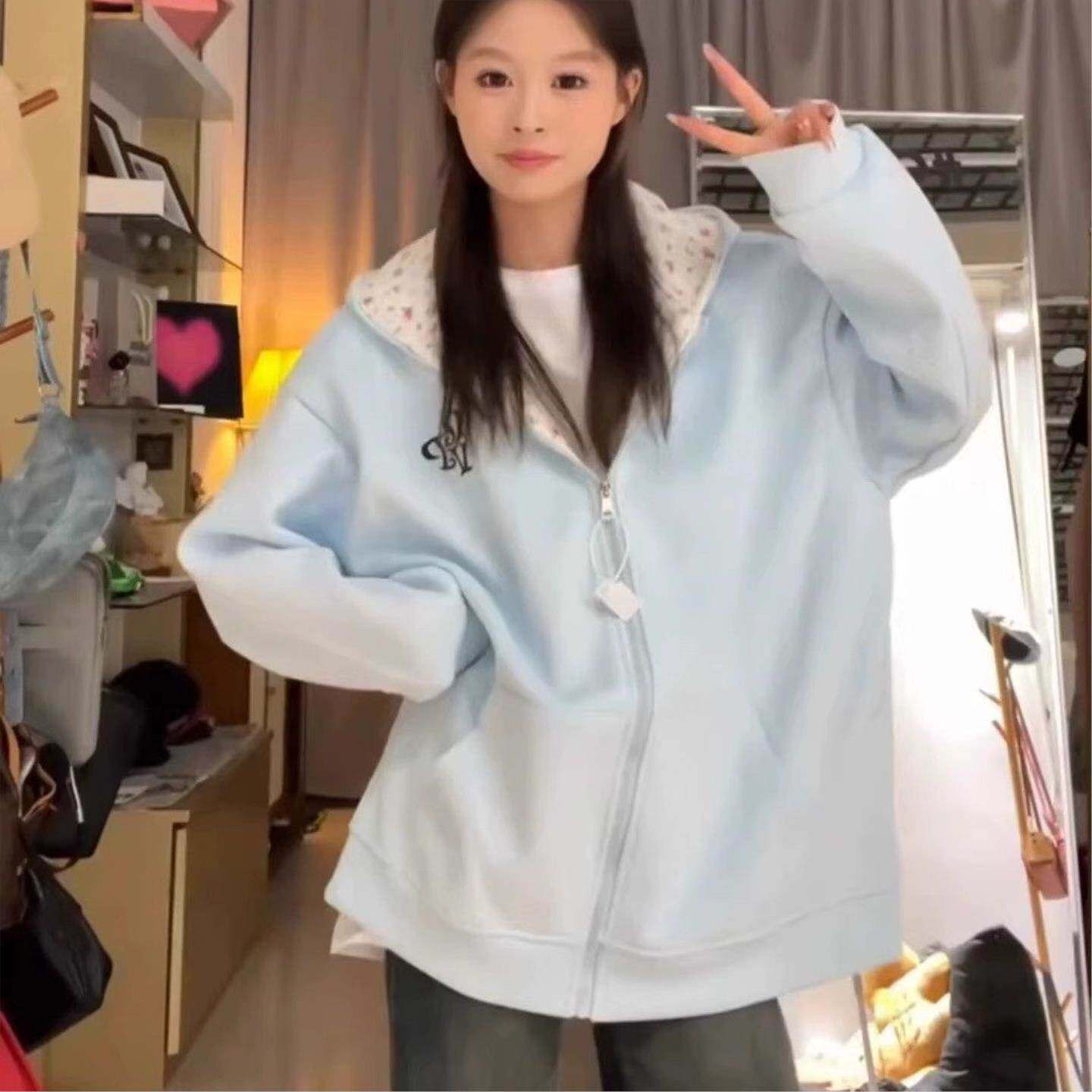 春秋新款2026内衬碎花开衫外套女宽松连帽美式开衫卫衣慵懒风韩系